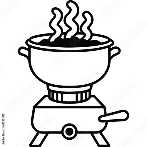 Camping Food & Cooking Gear vector silhouette Line art illustration Mini propane stove with pasta pot and bubbles overflowing — comic vector style
