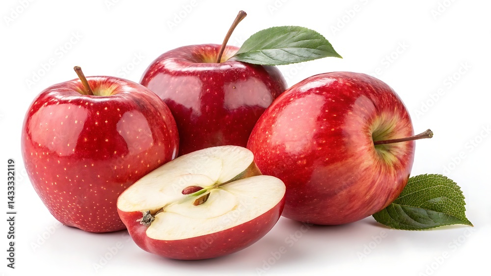 Red apples array of glossy red apples, with one cut in half showcasing its creamy white flesh and seeds, highlighting their irresistible freshness and nutrition