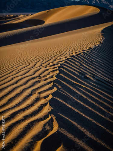 Light and shadow contrast on Death Valley dunes.