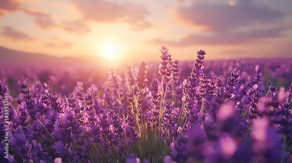 Fototapeta premium Sunset lavender fields with vibrant colors and soft light. Generative AI
