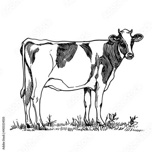 Hand-drawn vector illustration of cow, perfect for farm, animal, or agricultural themes. Suitable for commercial use, prints, and educational materials. Ideal for diverse applications.