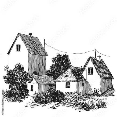 Charming vector illustration of quaint countryside houses amidst lush greenery. Ideal for home design, lifestyle, or nature-themed projects in print and digital media.