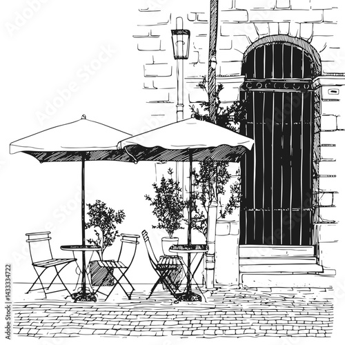 Charming outdoor café scene vector illustration featuring vintage chairs and umbrellas. Perfect for illustrating relaxation, summer vibes, or urban life in travel and lifestyle projects.