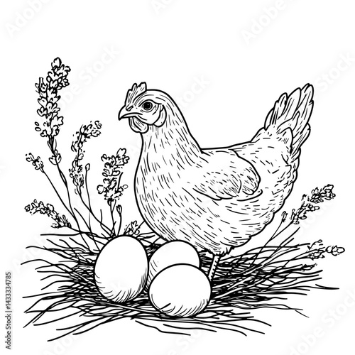 Beautiful hand-drawn vector illustration of hen with three eggs in nest, surrounded by delicate flowers. Perfect for farm, rustic, or culinary themes.
