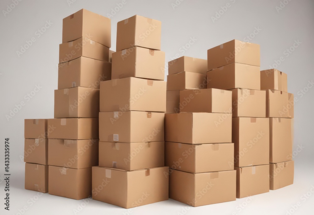Neat stack of brown cardboard boxes on white background , environment, preservation, texture Neat stack of brown cardboard boxes on white background , environment, preservation, texture