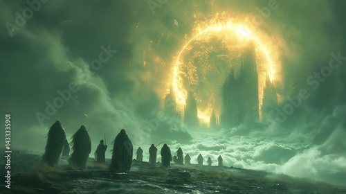 Dystopian vision inspired Book of Enoch featuring noncanonical religious texts Pseudepigrapha hyper realistic depiction of watchers biblical figures set against futuristic background writing space