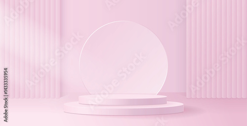 Pink podium 3d stage with transparent circle behind, abstract colored studio with tile wall and window light overlay effect. Realistic podium for product showcase display, vector illustration.