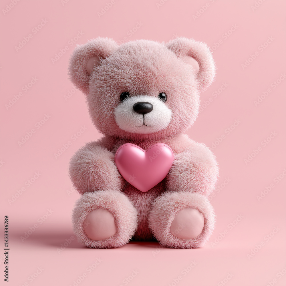 A 3D rendering of a flat pink teddy bear holding a heart A 3D rendering of a flat pink teddy bear holding a heart