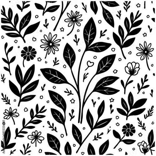 Monochrome botanical pattern: intricate leaf and flower arrangements for design use