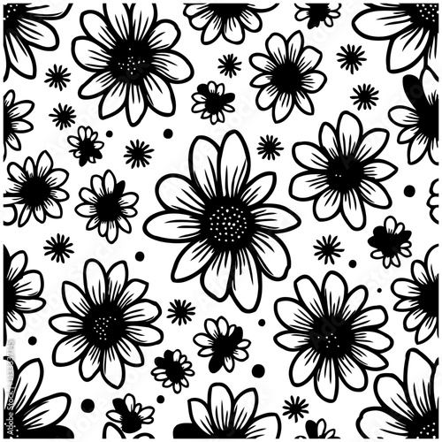 Floral design featuring a seamless pattern with various sized flower silhouettes