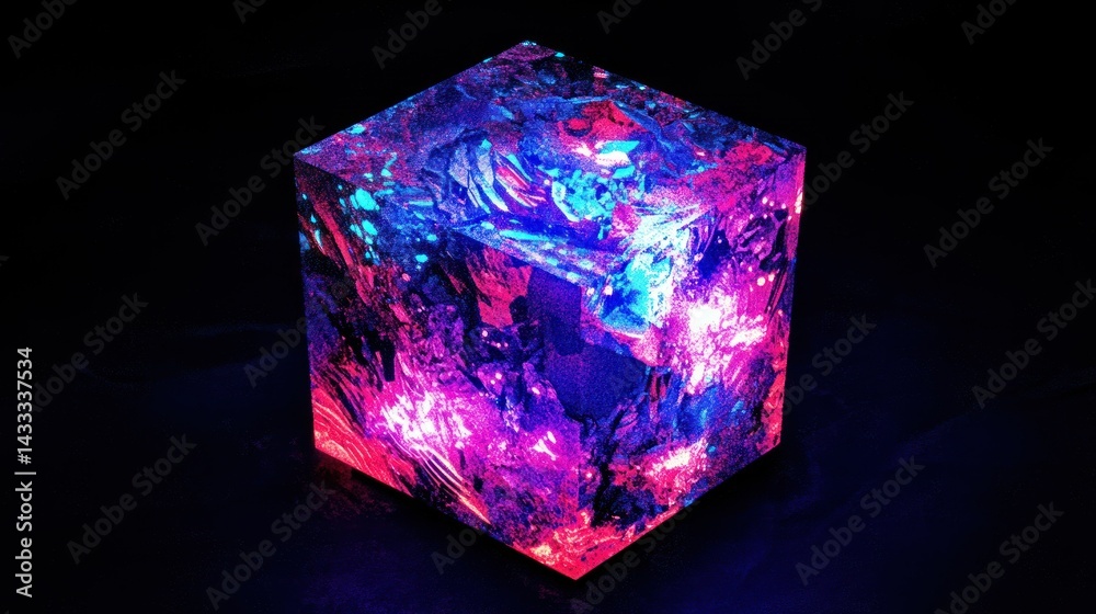 A brightly lit cube displays vibrant colors and a textured surface A brightly lit cube displays vibrant colors and a textured surface