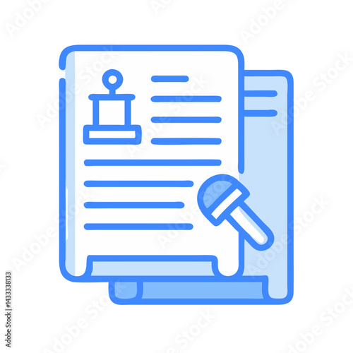 Blue contract document with stamp and signature icon