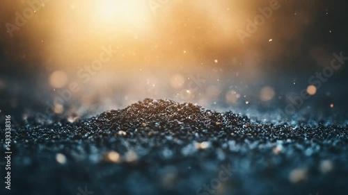 Close-up of a dark mound of sand with a glowing background and bokeh