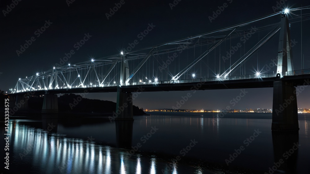 Illuminated bridge spanning river at night, city lights in background, perfect for travel or infrastructure projects Illuminated bridge spanning river at night, city lights in background, perfect for travel or infrastructure projects