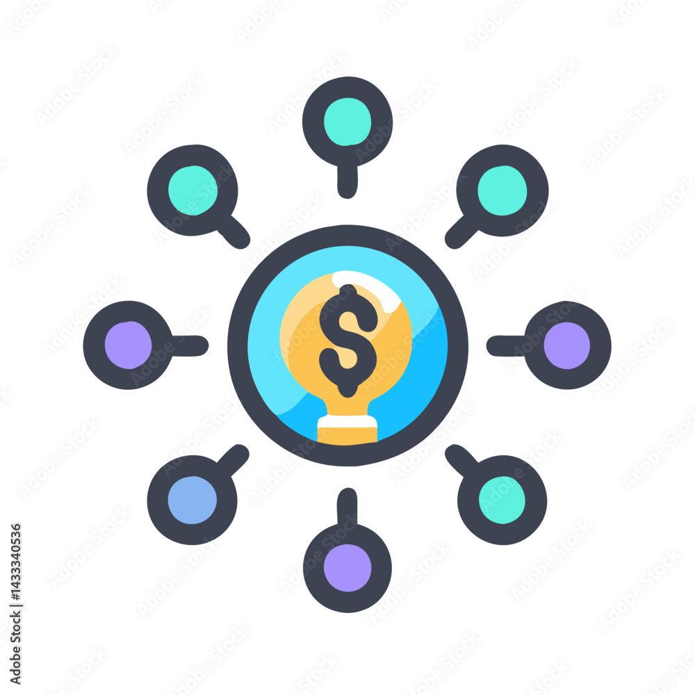 Decentralized Finance Icon, Distributed Money, Lightbulb and Dollar Decentralized Finance Icon, Distributed Money, Lightbulb and Dollar