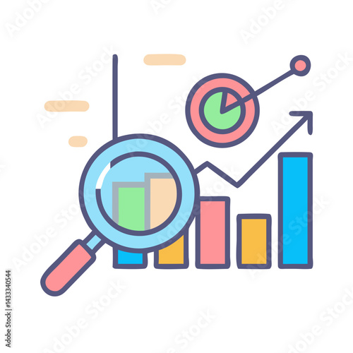 Colorful illustration of business analytics with chart and magnifier