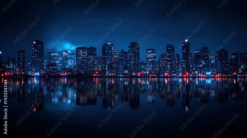 City skyline reflects on water, skyscrapers illuminated at night, creating mesmerizing urban landscape, dark blue color palette. City skyline reflects on water, skyscrapers illuminated at night, creating mesmerizing urban landscape, dark blue color palette.