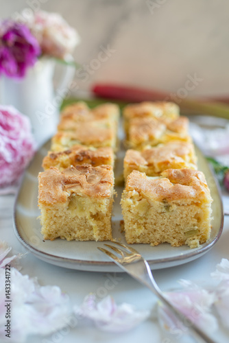 Home made Sweet Rhubarb cake with fresh rhubarb