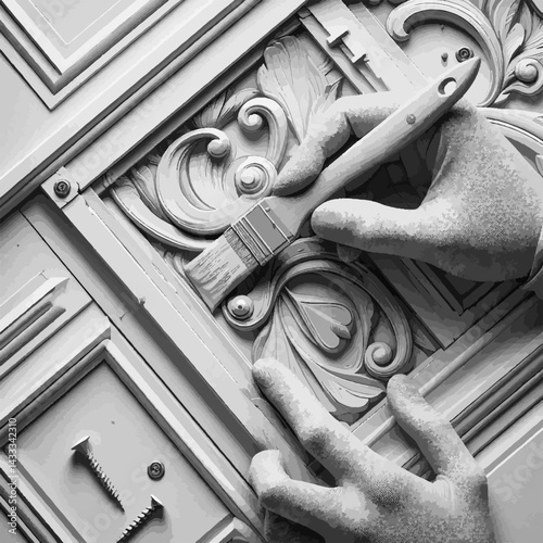 Meticulous Painting of Intricate Carved Wooden Panel with Precision Craftsmanship