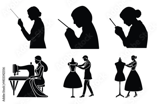 Tailor and Seamstress Silhouette Vector Set – Sewing, Dressmaking, and Handmade Fashion Illustration Collection