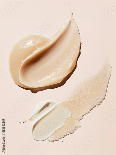 Samples smears of various types of skin care cosmetics on a pastel beige background