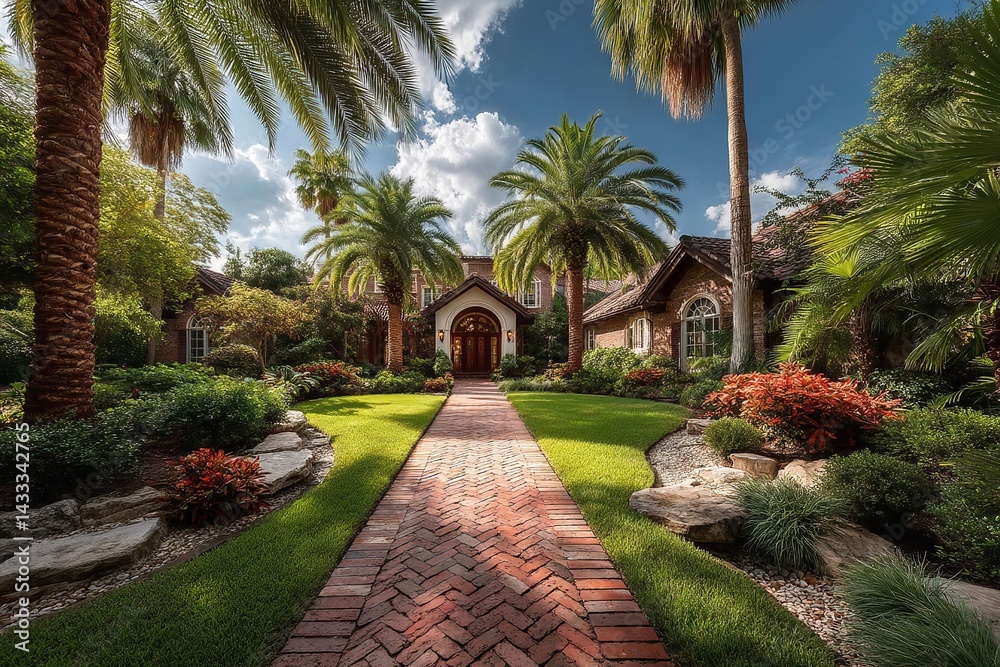 Obraz premium Blue sky, lovely lawn, palm palms, and a luxurious residence. A brick path leads to the entrance of the mansion. Generative Ai