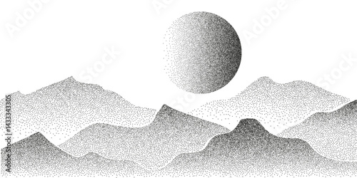 Abstract Mountain Landscape with Sun or Moon in Stipple Dotwork Style. Vector illustration of Mountain range in halftone grainy noise overlay texture