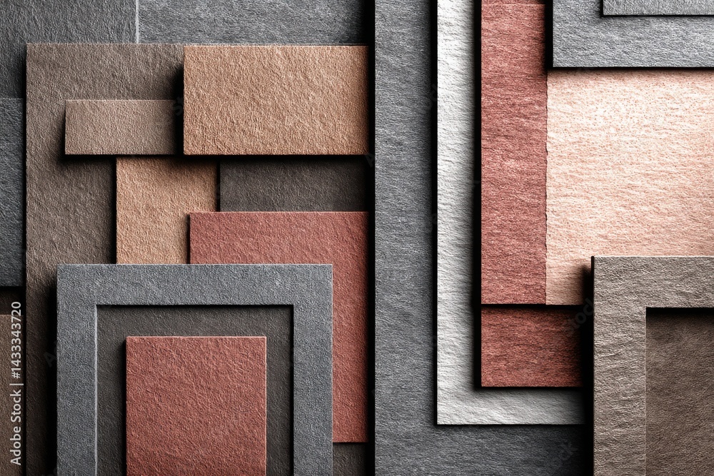 Fototapeta premium An abstract geometric composition of textured rectangular shapes in shades of gray, brown, and terracotta, creating a modern and earthy aesthetic, artistic concept.