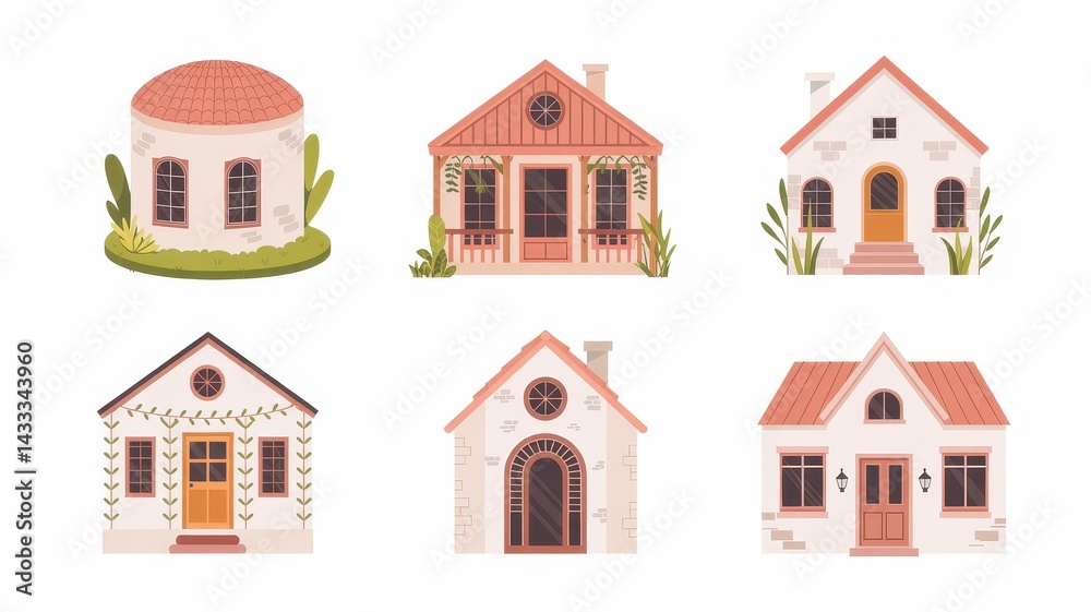 Six charming, stylized depictions of rustic homes. Six charming, stylized depictions of rustic homes.
