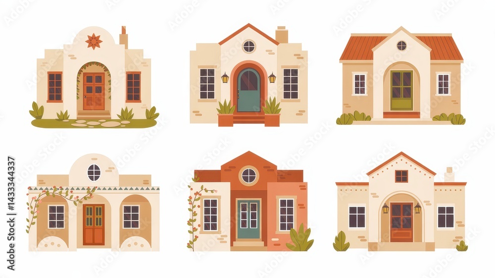 Naklejka premium Six stylized depictions of southwestern-style homes.