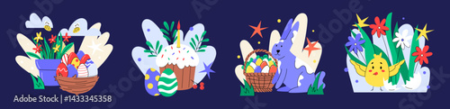 Easter basket. Spring gift. Bunny in garden. Groovy cute animal eggs. Funny bird. Flower or grass. Resurrection in cartoon. Holiday sweet cake with candle. Chicken kid. Vector garish illustrations set