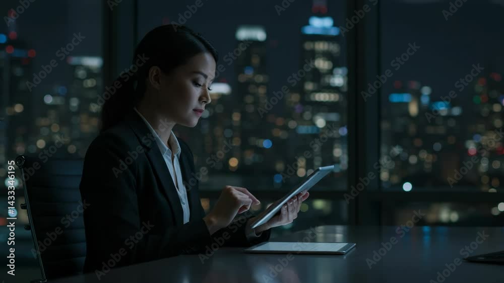 Businesswoman using tablet computer in office at night with city skyline view in the background Businesswoman using tablet computer in office at night with city skyline view in the background