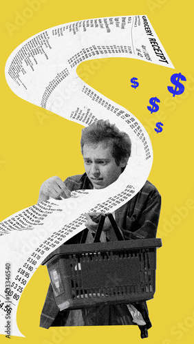 Quadro su tela Confused shopper examines never-ending receipt while holding basket, symbolizing chaos of everyday spending
