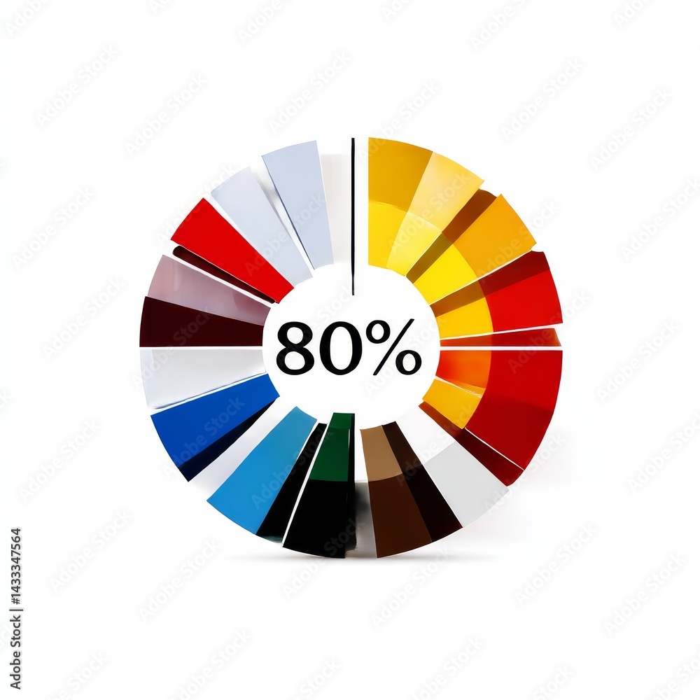 Obraz premium Colorful 80% Pie Chart Segments: Presenting a Visual Representation with a Variety of Hues and a Clean White Background