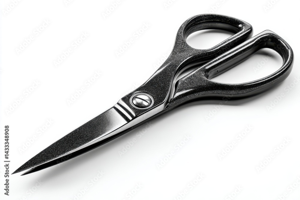 Obraz premium A close-up studio shot of professional black scissors with a shiny texture, set against a clean white background, showcasing its sharp blades and ergonomic design.