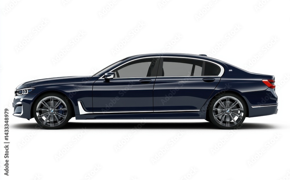 Luxurious navy sedan showcasing sleek design and modern features on a clean background during a daylight setting Luxurious navy sedan showcasing sleek design and modern features on a clean background during a daylight setting