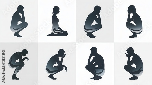 Silhouette illustrations of various human postures, demonstrating different states of contemplation.