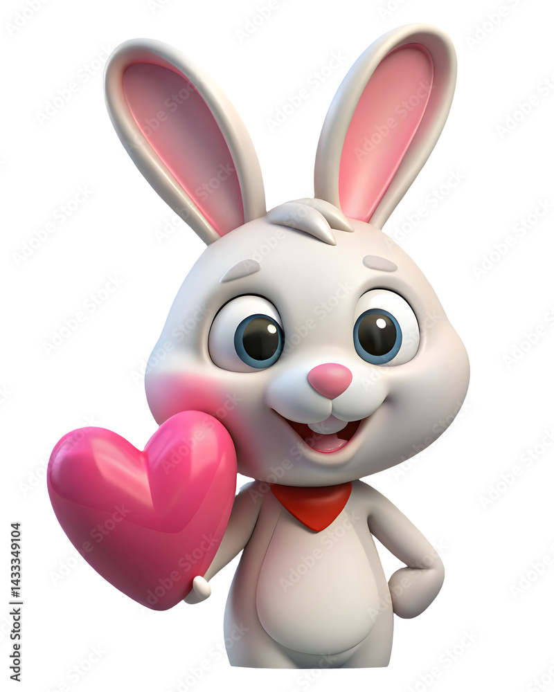 Obraz premium Cute 3D Cartoon Bunny Holding Pink Heart for Valentine and Kids Projects
