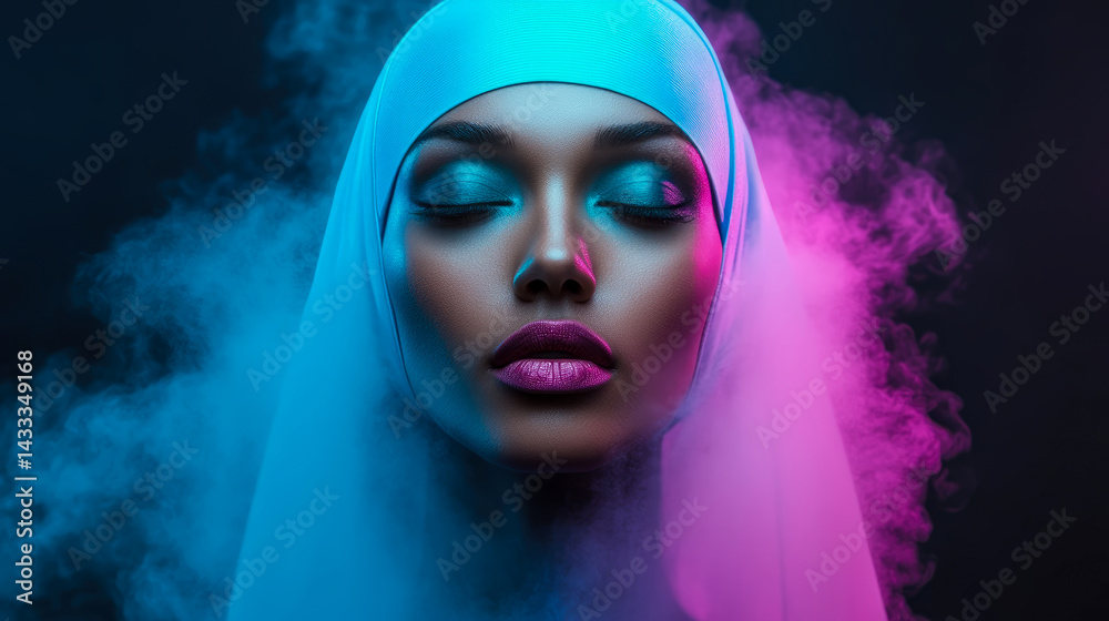 Fototapeta premium Serene Portrait: Dreamy Woman with Head Covering in Hues of Cyan and Magenta