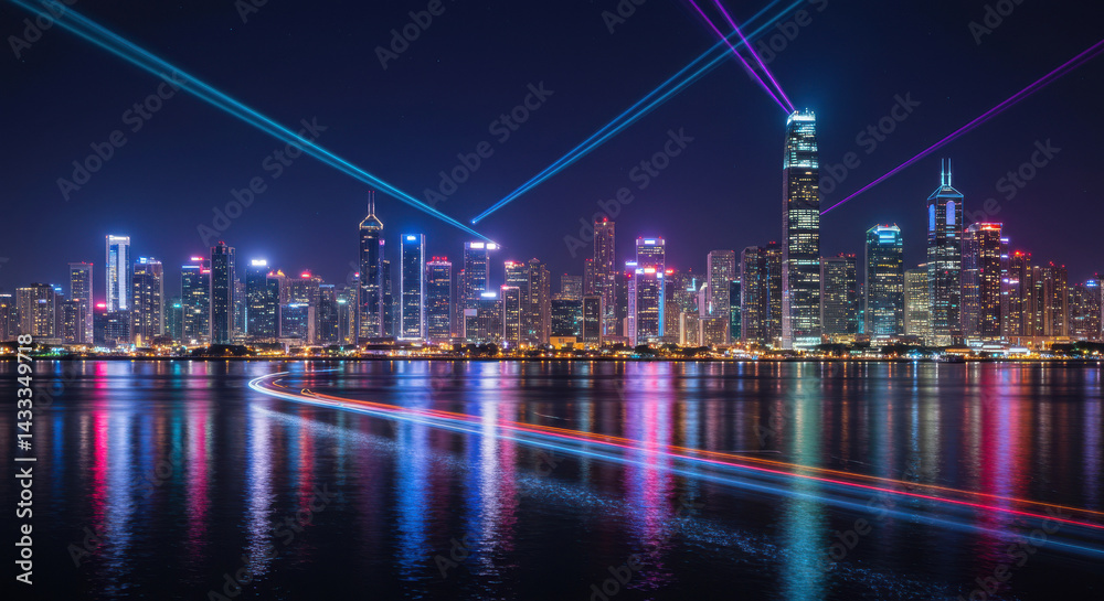 Fototapeta premium Vibrant Cityscape at Night – Illuminated Skyline and Laser Light Show