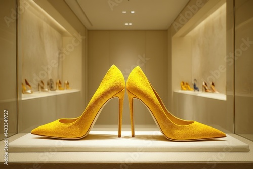 A pair of vivid yellow suede high heels presented in a well-lit display case, other shoes blurred in background, elegance and style represented in luxurious environment.