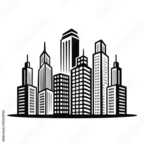 Monochrome Cityscape Skyline with Tall Buildings, Modern Architecture, and Urban Landscape