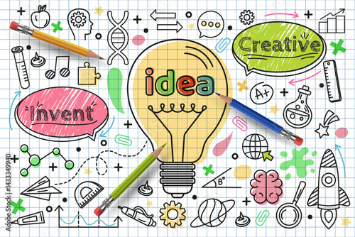Idea concept. Icon doodle for school. Hand sketch. Science and education. Engineer technology. Graphic solution light bulb. Drawn brain. Grid page. Invent for business. Vector scribble tidy design
