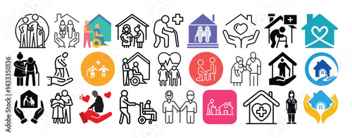Set of Elderly Care, Assisted Living, Senior Wellness, Home Care and Nursing icon set collection vector design.