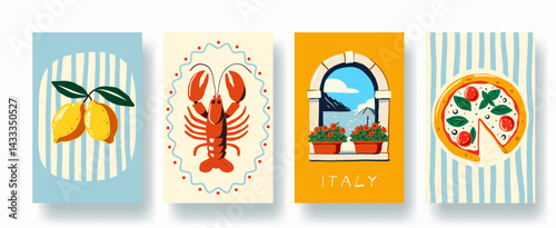 Mediterranean summer vector prints with lemons, lobster, sea window view, and pizza. Bold colors, striped backgrounds, and cheerful coastal food and travel-themed illustrations
