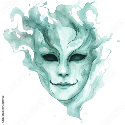 illustration of Mask With A Trapped Spirits Face Emerging, watercolor vector, isolated on a white background.