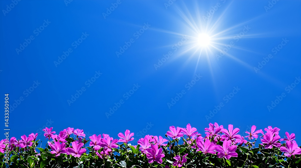 Naklejka premium Pink flowers bloom under bright sun against a clear blue sky; perfect for spring or summer themes