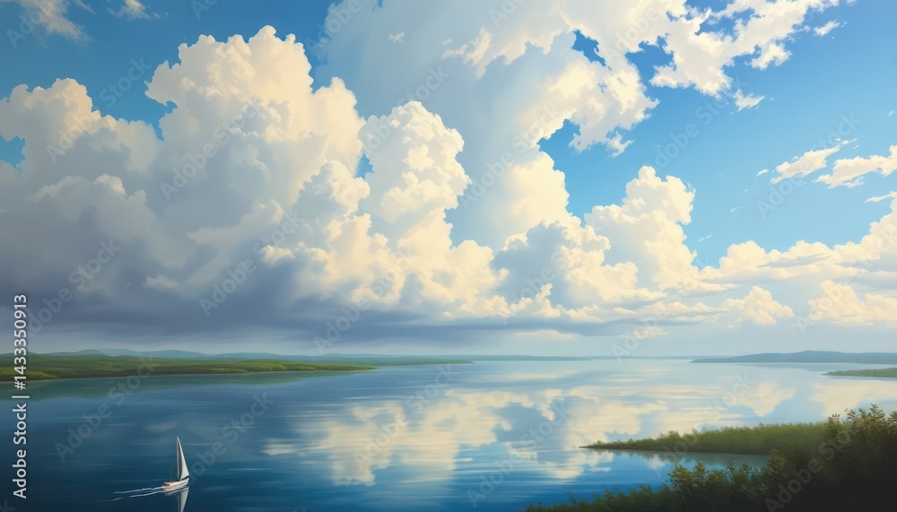 Obraz premium Calm lake with cumulus clouds