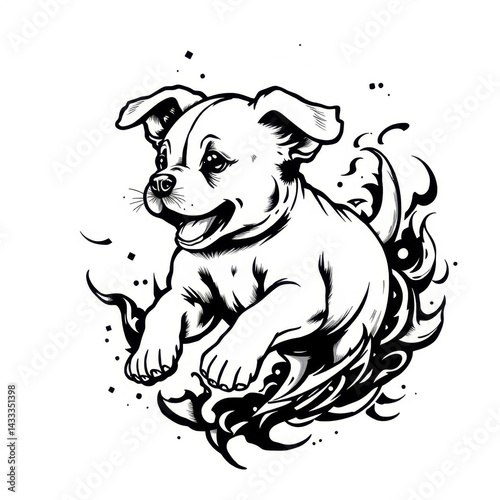 Charming illustration of a playful puppy with an energetic expression, surrounded by artistic swirling elements. Perfect for pet-themed designs and creative projects.
