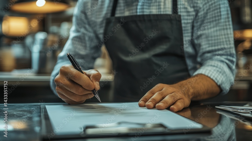 Obraz premium Caucasian adult is writing on paper, perhaps managing inventory, business, record keeping, organization planning.